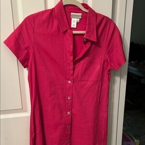 Coldwater Creek Hot Pink Short Sleeve Button-Front Dress linen cotton blend  pxs